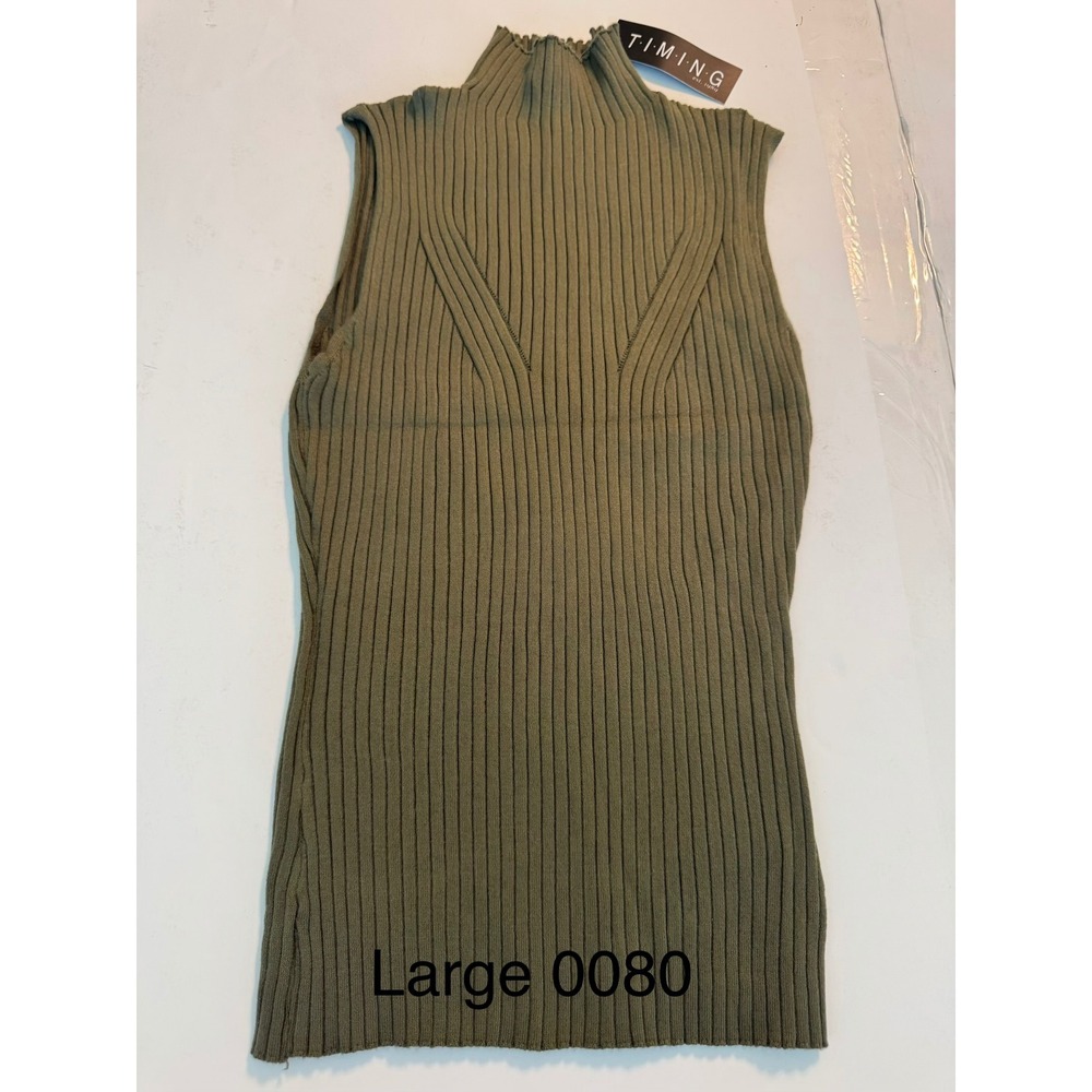 Timing Women Olive Green Mock Neck Sleeveless Ribbed Knit Top Large NWT